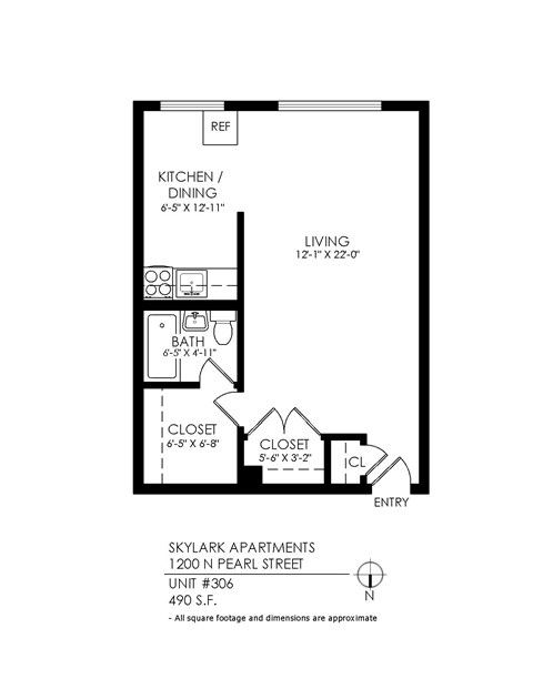 Floor plan for studio, 1 bath, 495 sqft
